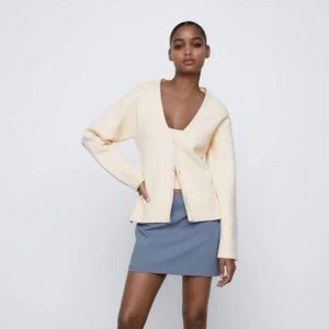 Zara Knit Ribbed Boxy Cardigan Jacket Cream Size Small